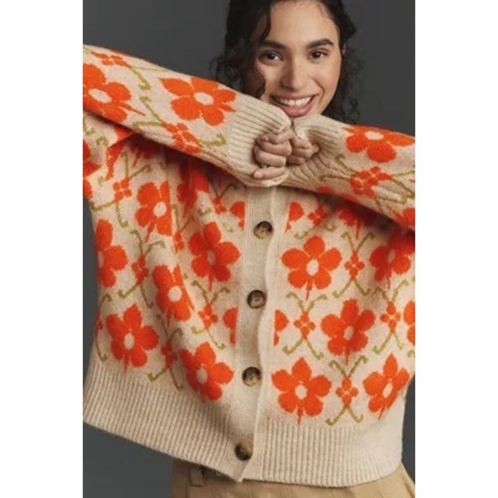 Anthropologie Maeve Graphic Intarsia Floral Cardigan Sweater NWT XL